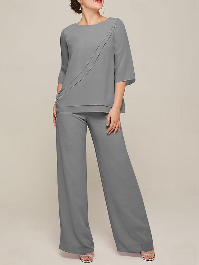 Jumpsuits mit U-Ausschnitt und halblangen Ärmeln, Chiffon-Hosenanzüge für die Brautmutter mit Rüschen