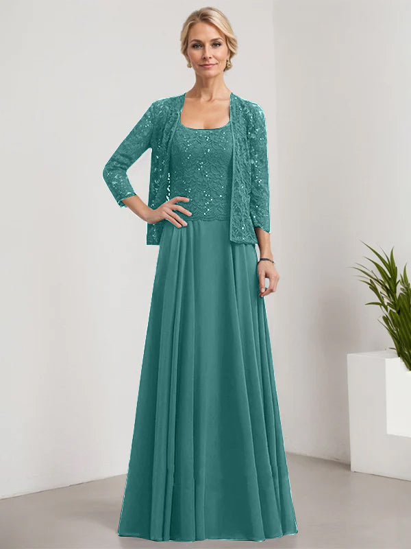 A-Linie Quadratisches Bodenlanges Spitzen-Chiffon-Kleid für die Brautmutter mit Pailletten