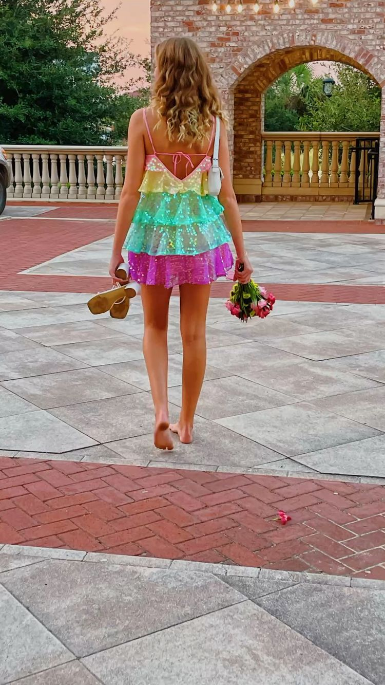 Women Shiny Sequin Sparkle Homecoming Dress Sleeveless Glitter Layered Rainbow Ruffle Dress Party Club Night Dress Y2475