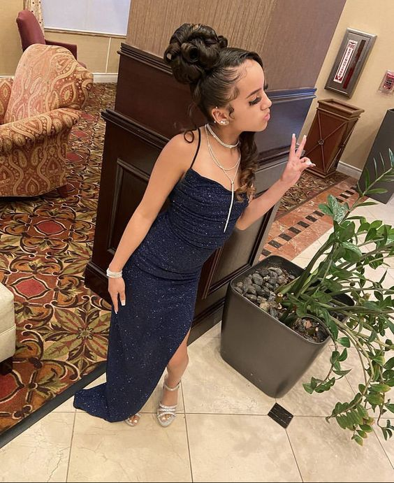 Marineblaues langes Ballkleid mit Pailletten, Etui-Abendkleid Y7451