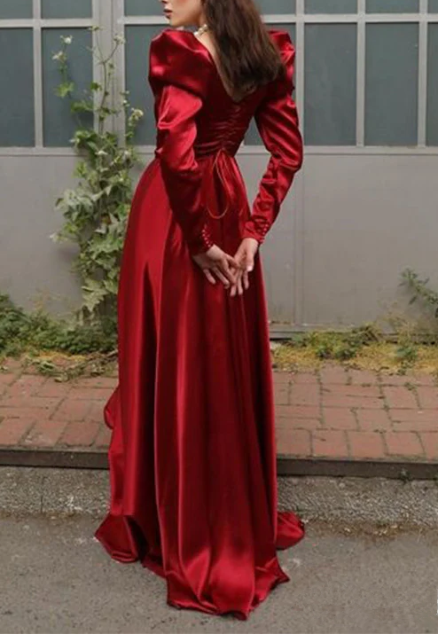 Elegantes A-Linien-Ballkleid aus rotem Satin mit quadratischem Ausschnitt Y7855