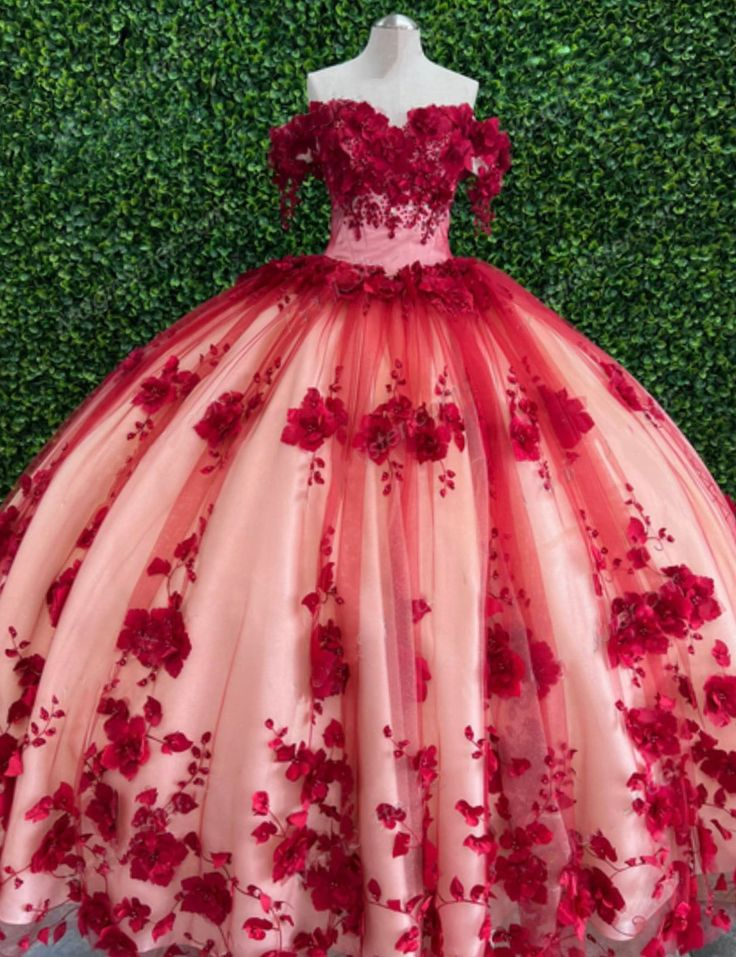 Vestido de quinceañera con encaje rojo y flores 3D hecho a medida, vestido de baile con hombros descubiertos Y6956