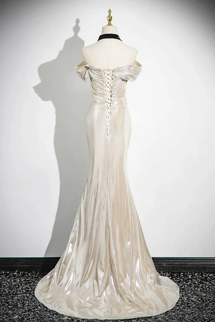 Vestido de fiesta de satén con hombros descubiertos color champán, corte sirena, Y8202