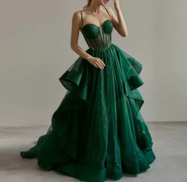 Vestido de noche verde brillante con corsé y corte en A Y6339