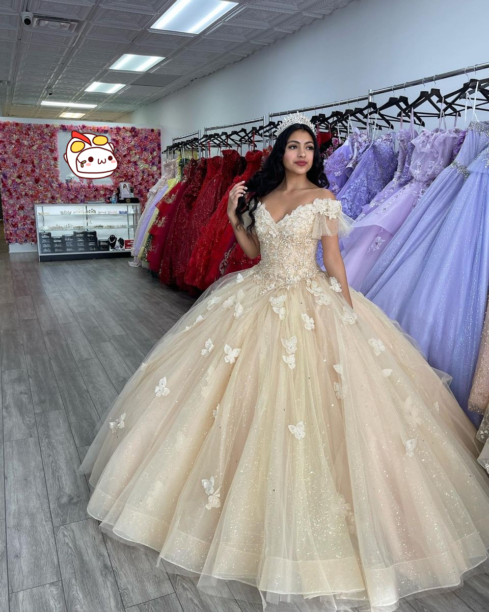 Vestido de quinceañera con hombros descubiertos y mariposa, vestido de quinceañera para dulces 16, vestido de fiesta con brillo, Y2410