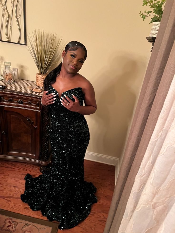 Dunkelgrünes trägerloses Pailletten-Meerjungfrau-Abendkleid Sexy Ballkleid Y7971