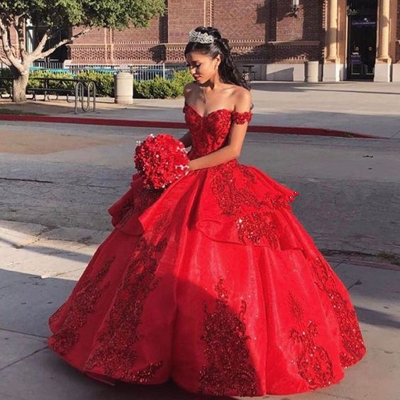 Vestido de fiesta elegante rojo de lujo con hombros descubiertos para mujer, vestido de fiesta de quinceañera Y4161
