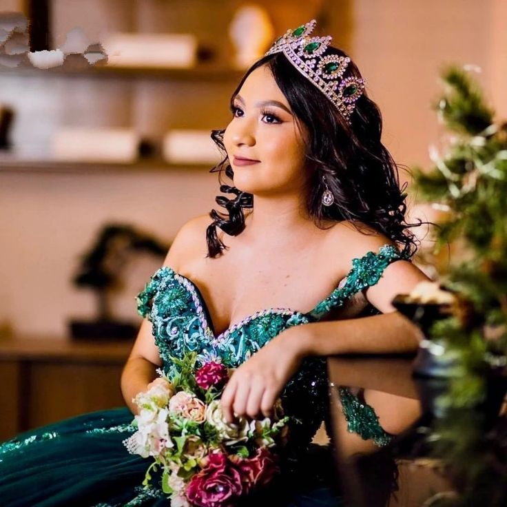 Vestido de quinceañera verde oscuro, vestido de quinceañera con lentejuelas y cuentas, vestido de fiesta Y3030