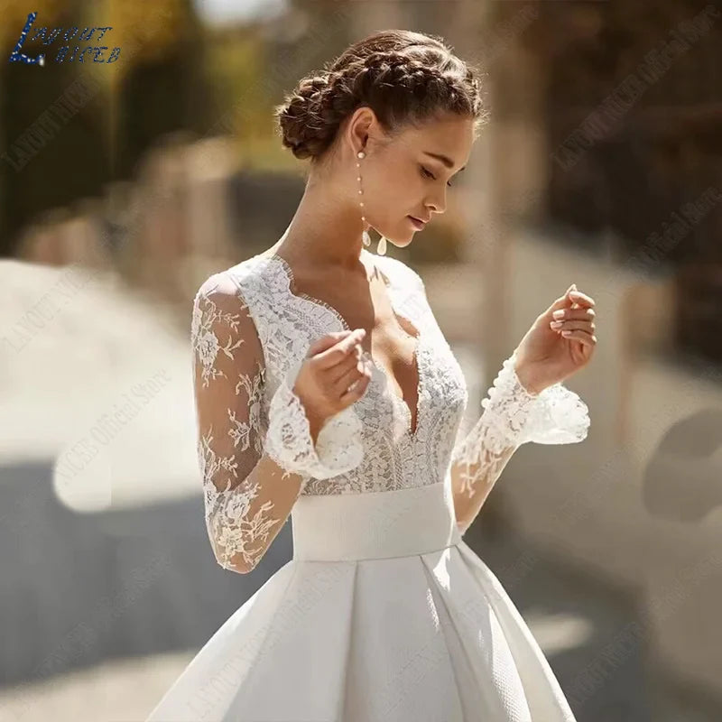 Elegant Wedding Dresses For Woman Vestidos De Novia V Neck Lace Long Sleeves Satin Bridal Gown Illusion Back Bride-payinti