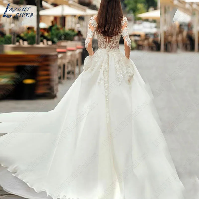 Graceful Wedding Dresses Bobo Illusion Long Sleeves Women Appliqued Lace Bridal Gowns Sexy Tulle فستان حفلات الزفاف-payinti