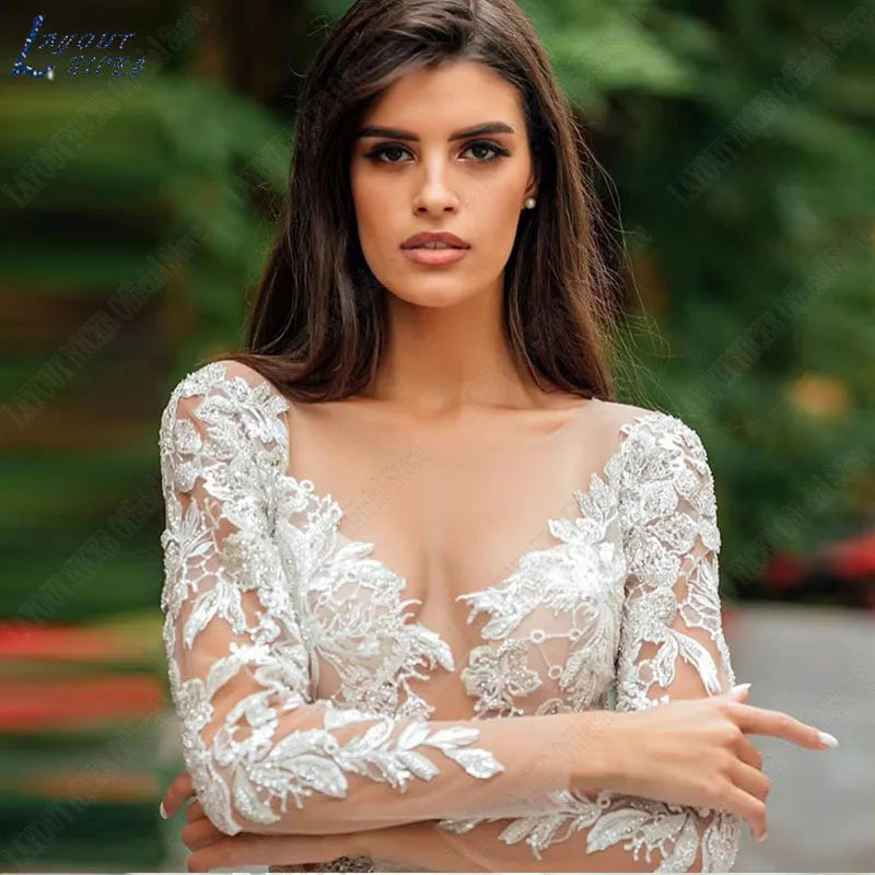 Graceful Wedding Dresses Bobo Illusion Long Sleeves Women Appliqued Lace Bridal Gowns Sexy Tulle فستان حفلات الزفاف-payinti