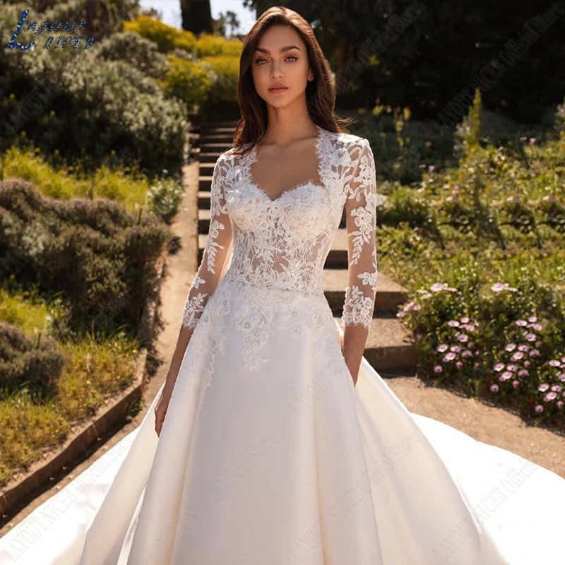 Wedding Dresses For Woman Lace Half Sleeves Luxury Satin Bridal Gown Illusion Appliqued Bride Vestidos De Boda 2023-payinti