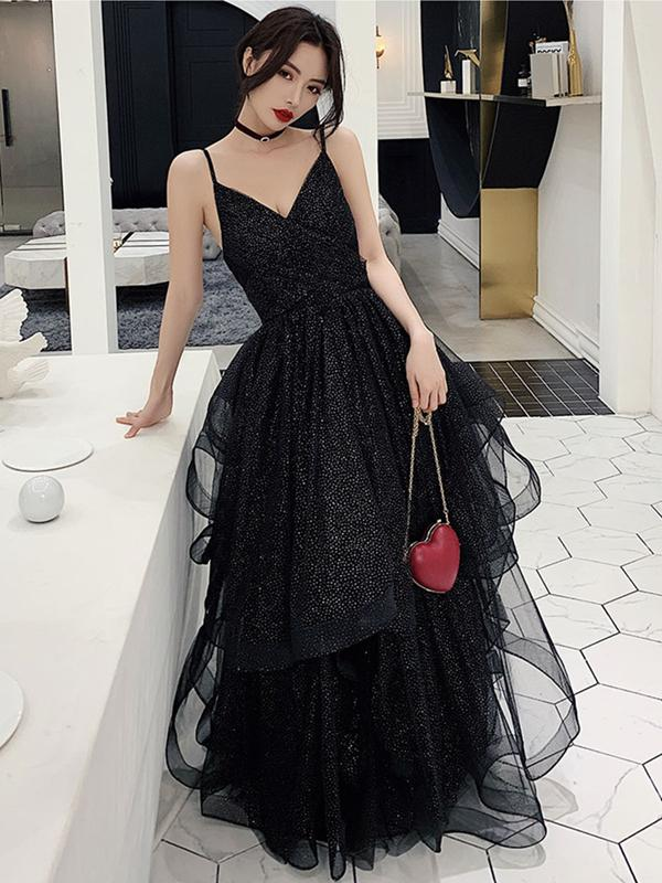 Vestidos de fiesta negros brillantes con escote en V, vestido de noche formal negro sin espalda Y1148