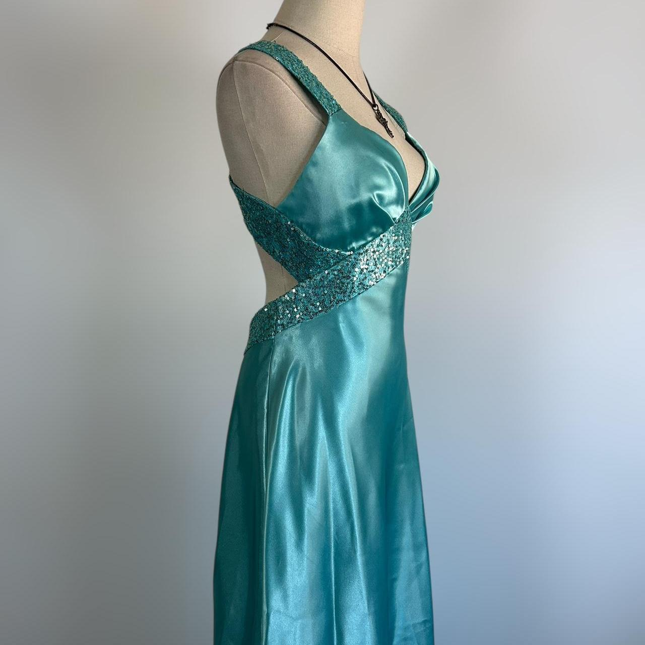 Vestido de noche azul con escote en V, satén y lentejuelas, vestido formal de fiesta, sin espalda, Y8548