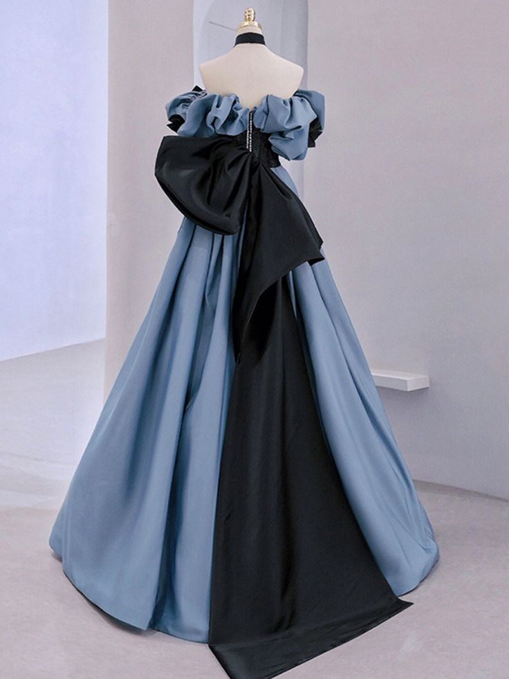Blaues langes Ballkleid aus Satin und Spitze, schulterfrei, Abendkleid Y5621