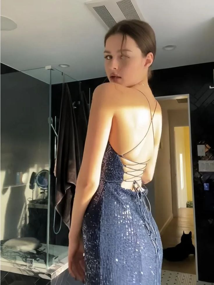 Sexy Marineblaues Abendkleid mit V-Ausschnitt und Schlitz, langes Ballkleid Y7798