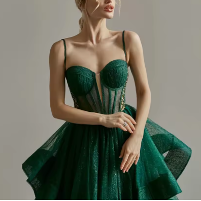 Vestido de noche verde brillante con corsé y corte en A Y6339