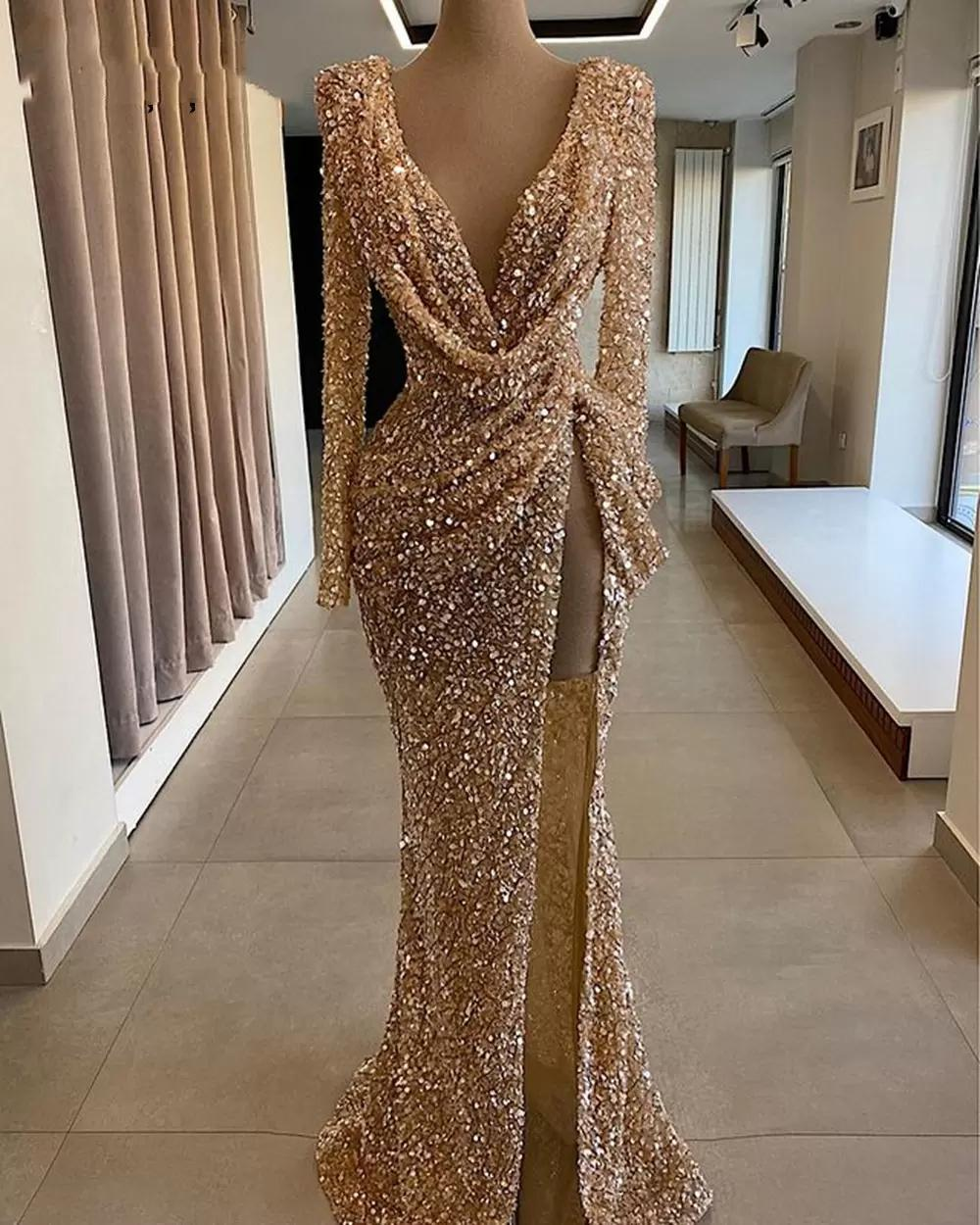 Vestidos de fiesta brillantes, vestidos de fiesta con escote en V profundo, vestidos de fiesta de manga larga, vestidos de fiesta árabes, vestidos de fiesta con abertura lateral, vestidos de noche de moda Y1389