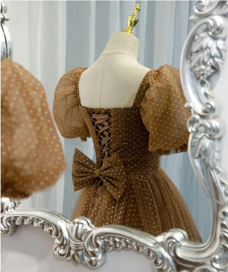 Hermoso vestido de fiesta, nuevo vestido de noche marrón, elegante cuello, mangas abullonadas, corte A, largo hasta el suelo, vestidos formales de fiesta Y1174