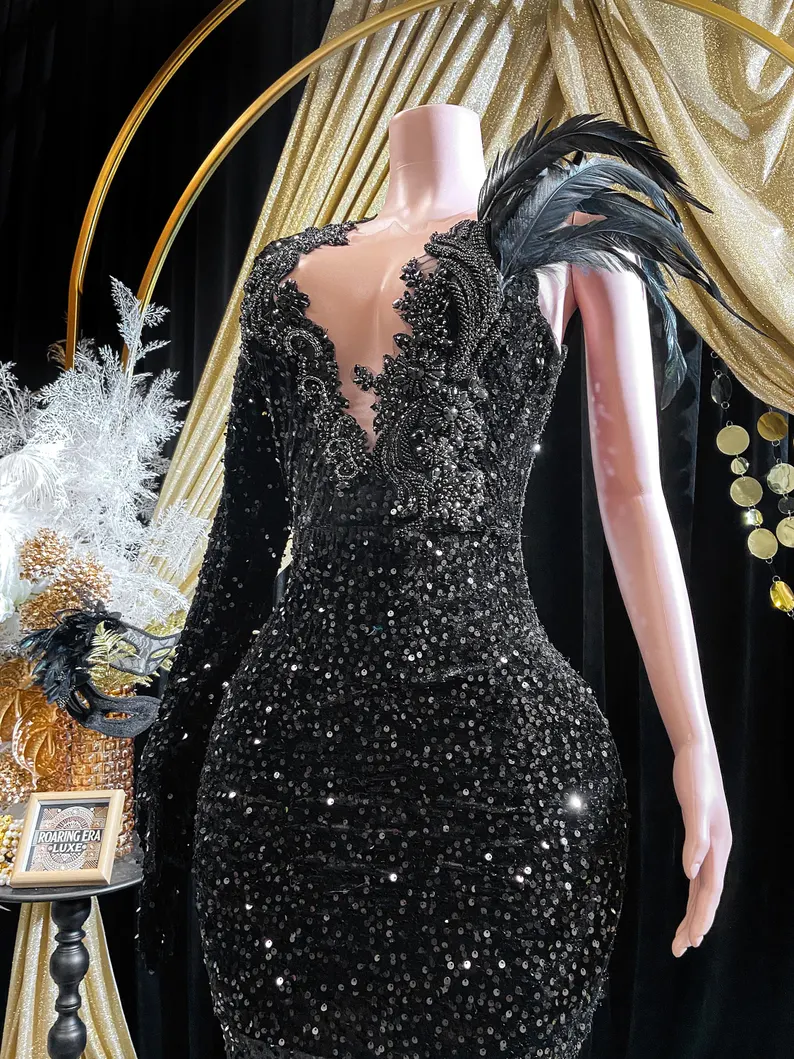 Schwarze Pailletten Strass Applikation Langarm Meerjungfrau Ballkleid Abendkleid Y8313