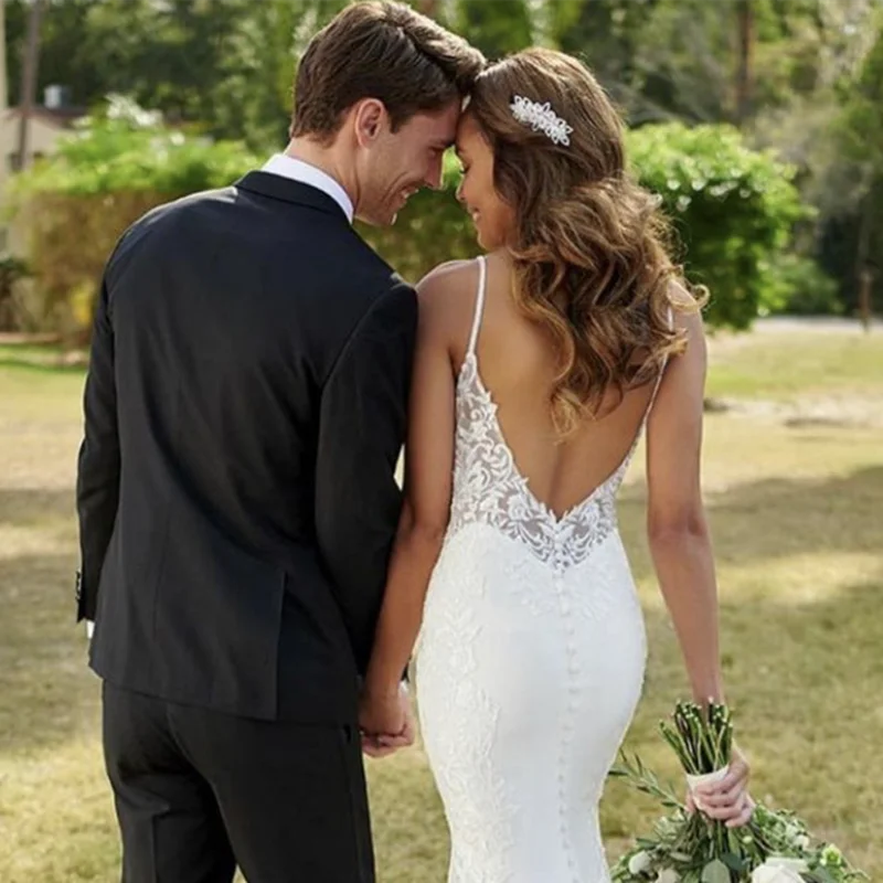 Lace Mermaid Wedding Dresses Spaghetti Straps Sexy V-Neck Backless Appliques Sleeveless Button Long Bride Gown Train Real Photos-payinti