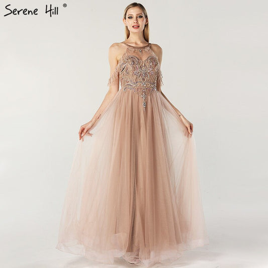 En oferta, sin devolución ni reembolso. Oferta, último diseño, vestidos de noche con escote redondo, cuentas y diamantes, 2025, hombros descubiertos, sexys, de tul, LA6533
