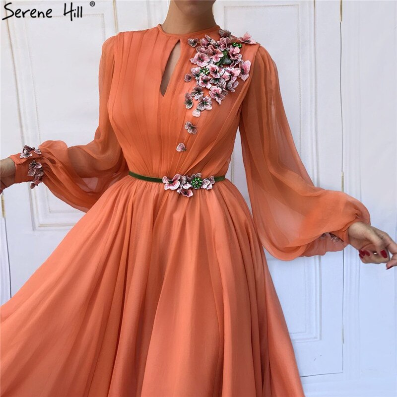 Neueste Pfirsich Laterne Lange Ärmel Abendkleider Design 2025 Blumen Diamant A-Linie Abendkleid LA70022