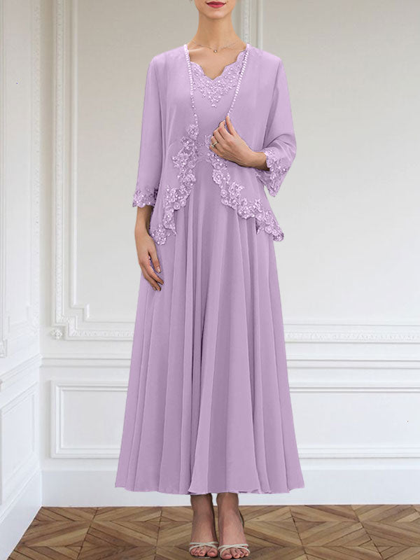 A-line V-Neck Ankle-Length Chiffon Mother of the Bride Dress With Sequins Appliques Lace Beading