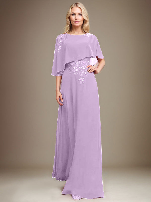 A-Linie U-Ausschnitt Bodenlang Chiffon Spitze Kleid für die Brautmutter mit Pailletten und Perlen