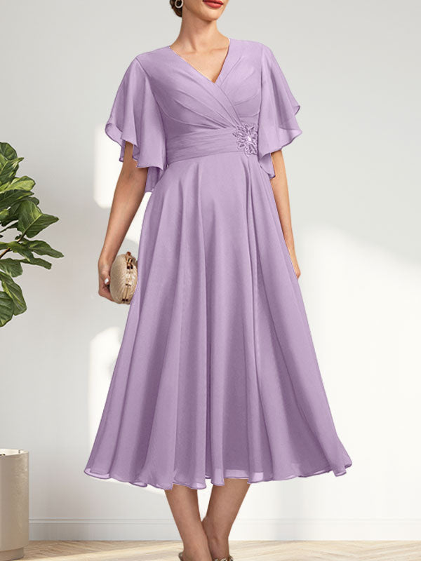 A-line V-Neck Tea-Length Chiffon Mother of the Bride Dress With Pleated Beading