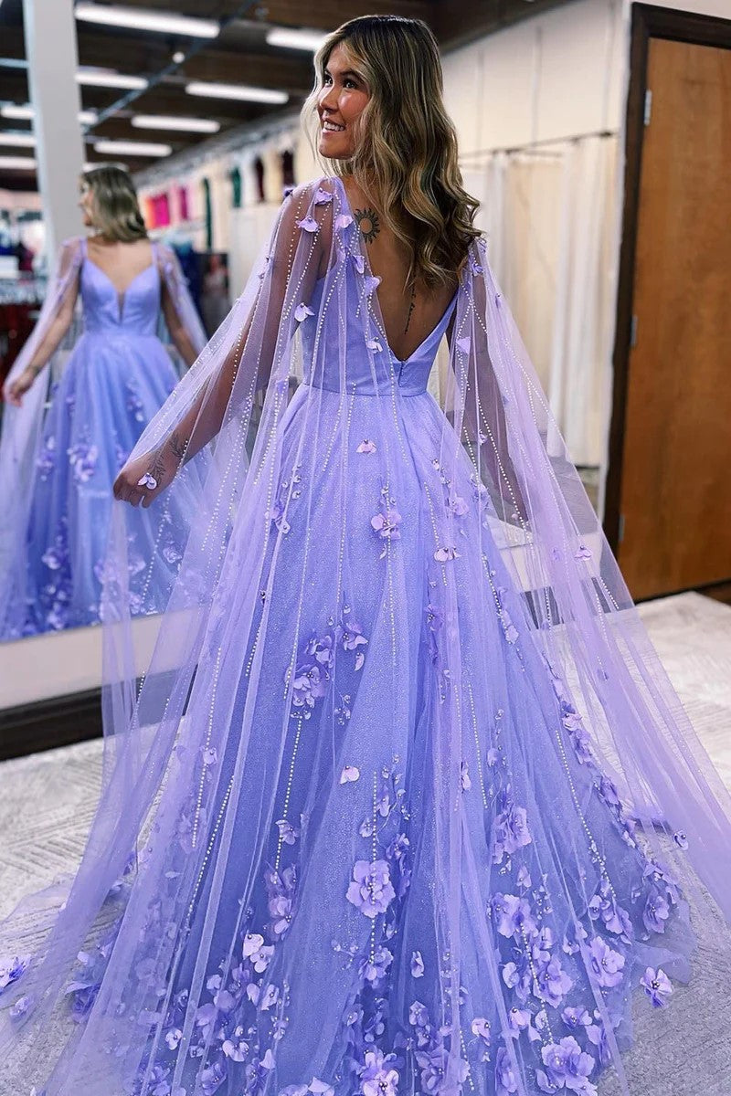 Lavender 3D Floral Lace A Line Sleeves Long Prom Dresses PSK446