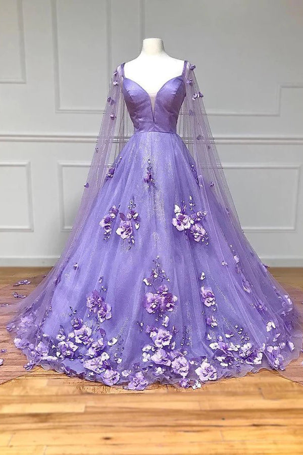 Lavender 3D Floral Lace A Line Sleeves Long Prom Dresses PSK446