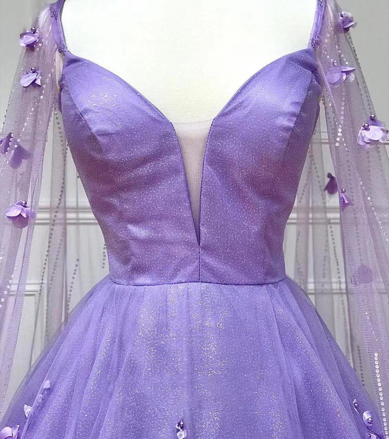 Lavender 3D Floral Lace A Line Sleeves Long Prom Dresses PSK446