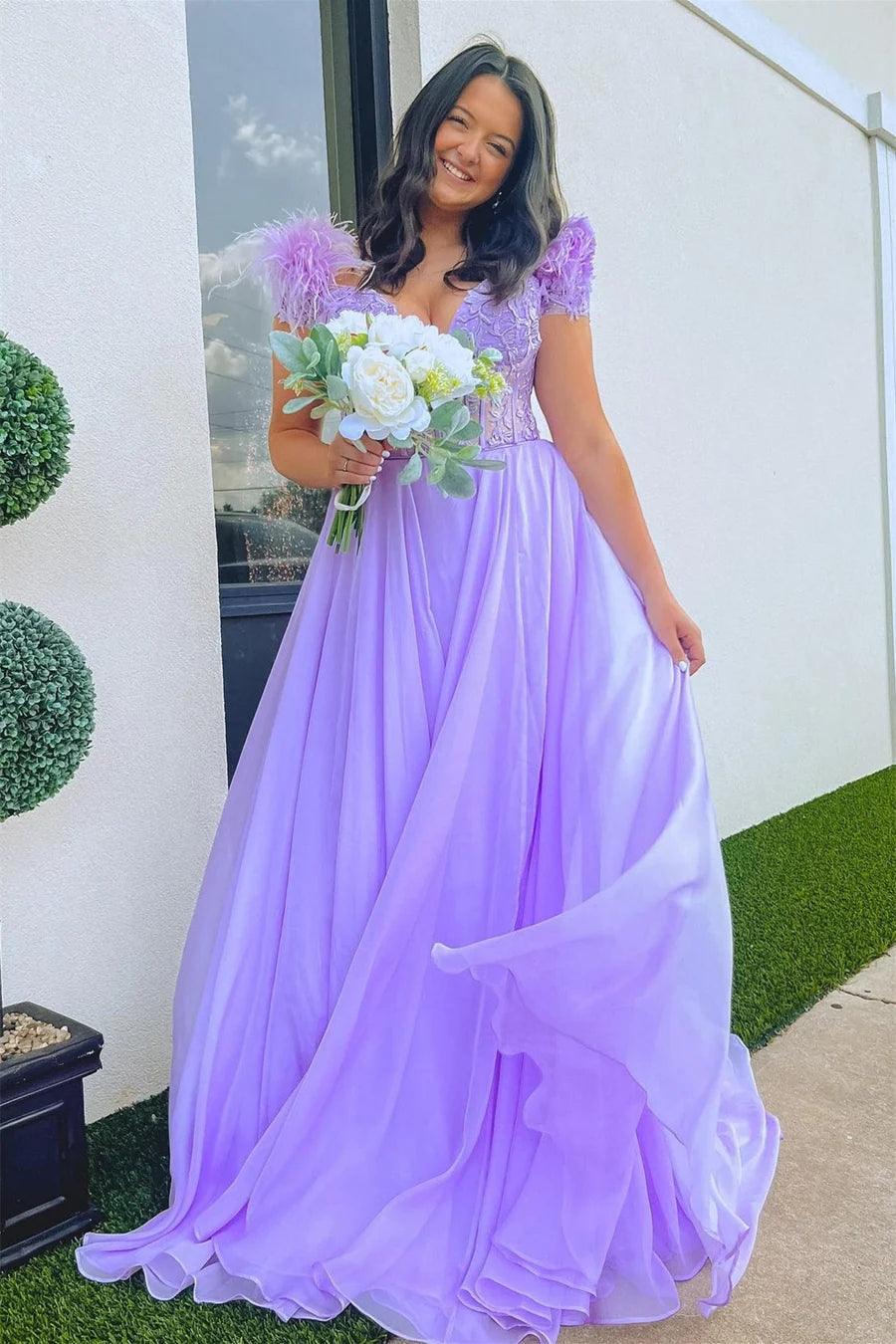 A-line Lavender Plunging Off-the-Shoulder Feathers Long Prom Dress PSK433