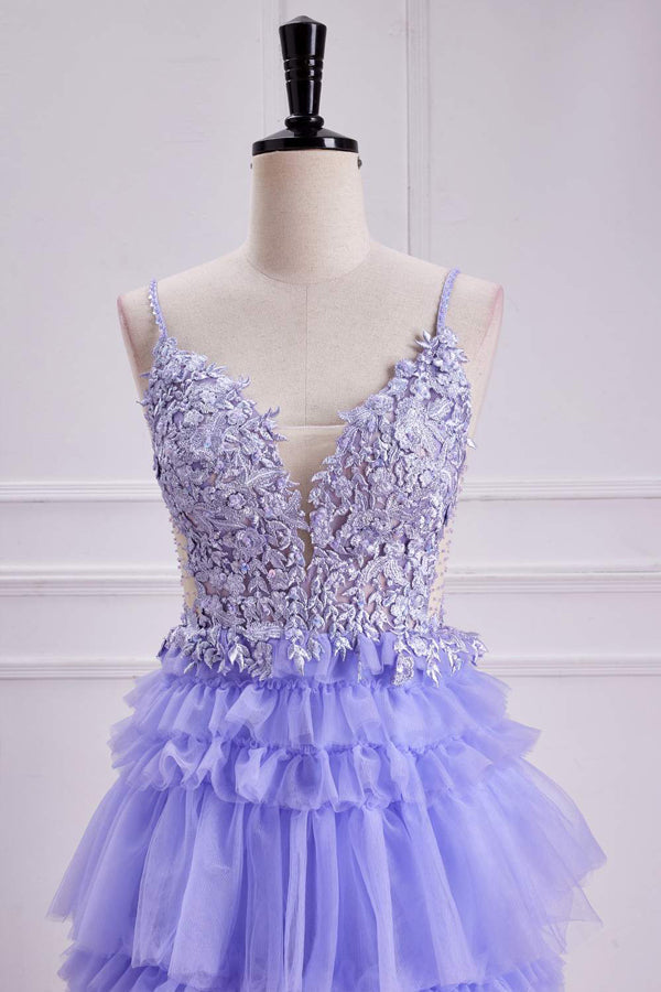 Lavender Plunging V Neck Floral Layers A-line Long Prom Dress PSK558