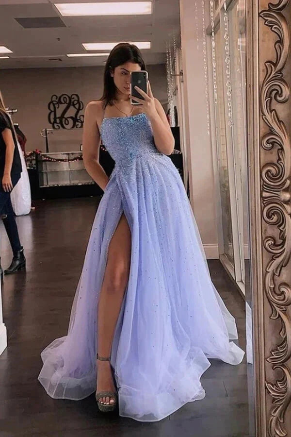 Robe de soirée longue en tulle lavande avec fente et perles PSK436