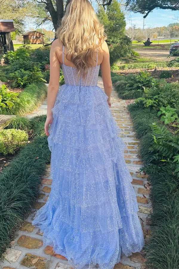 Lavender Tulle Sequin Ruffle Tiered Long Prom Dress Formal Dress