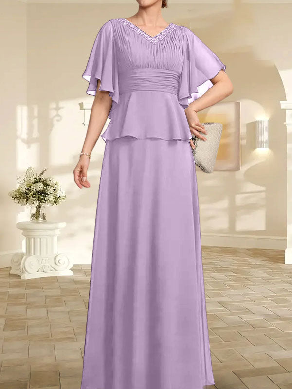 A-Linien-Kleid aus Chiffon mit V-Ausschnitt und bodenlangem Schnitt für die Brautmutter mit plissierten Perlen