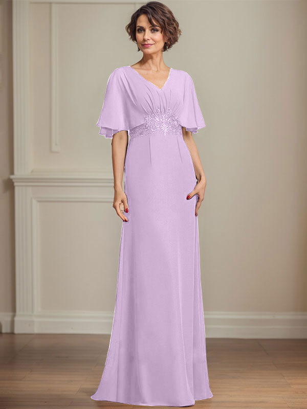 A-Linie V-Ausschnitt Bodenlanges Chiffonkleid für die Brautmutter mit plissierten Paillettenapplikationen Spitze