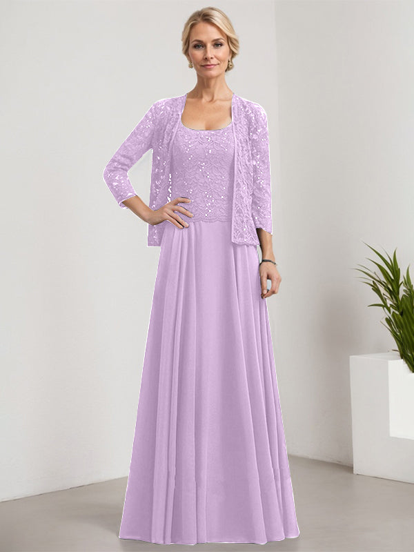 A-Linie Quadratisches Bodenlanges Spitzen-Chiffon-Kleid für die Brautmutter mit Pailletten