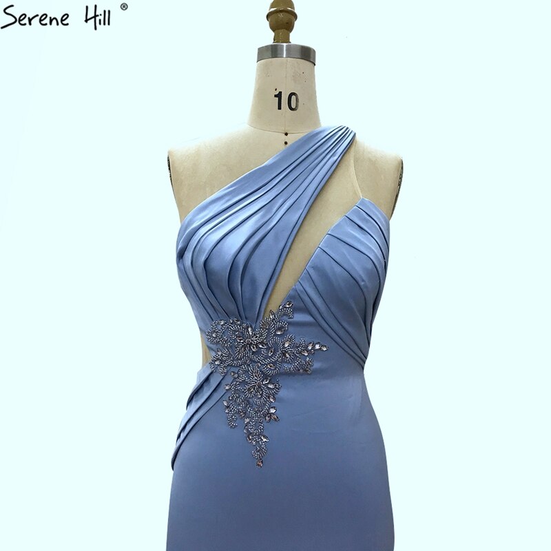 Hellblaues Meerjungfrau-Abendkleid mit einer Schulter 2025 aus Satin mit ärmelloser Perlenstickerei und Schnürung, formelles Kleid LA70578