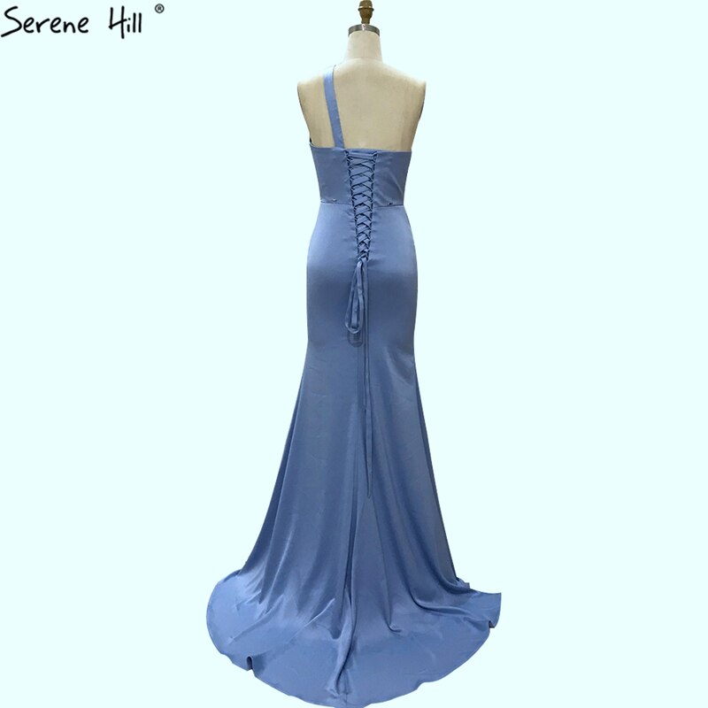 Hellblaues Meerjungfrau-Abendkleid mit einer Schulter 2025 aus Satin mit ärmelloser Perlenstickerei und Schnürung, formelles Kleid LA70578