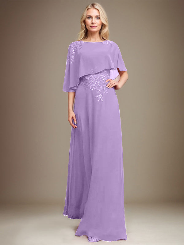 A-Linie U-Ausschnitt Bodenlang Chiffon Spitze Kleid für die Brautmutter mit Pailletten und Perlen