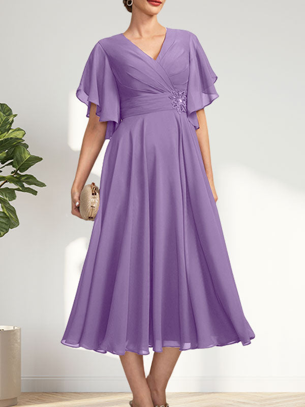 A-line V-Neck Tea-Length Chiffon Mother of the Bride Dress With Pleated Beading
