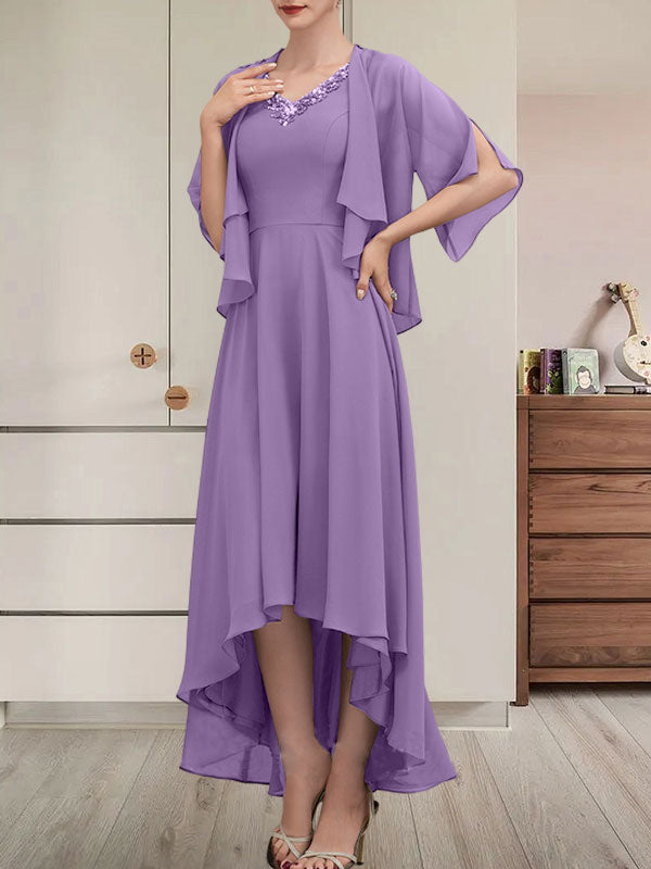 A-Linien-Kleid mit V-Ausschnitt, asymmetrischem Chiffon für die Brautmutter mit Perlen und Pailletten