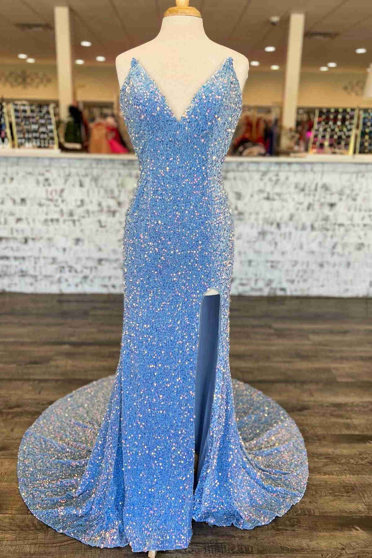 Hellblaues Pailletten-Ballkleid mit Schlitz SYP151