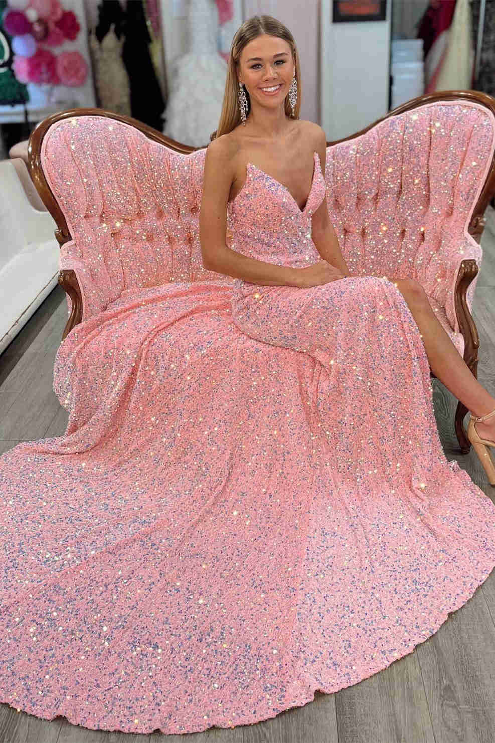 Hellblaues Pailletten-Ballkleid mit Schlitz SYP151