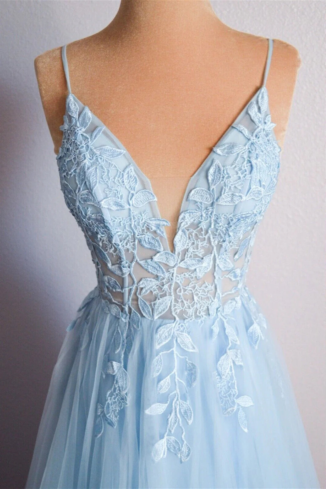 Light Blue V Neck Lace-Up Appliques Tulle Long Prom Dress Evening Dress PSK439