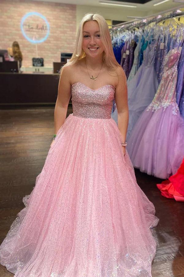 Light Pink A-Line Floor Length Strapless Sparkly Tulle Long Prom Dress PSK411