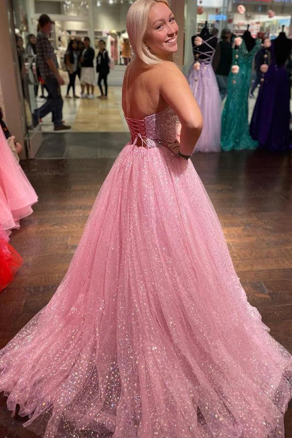 Light Pink A-Line Floor Length Strapless Sparkly Tulle Long Prom Dress PSK411